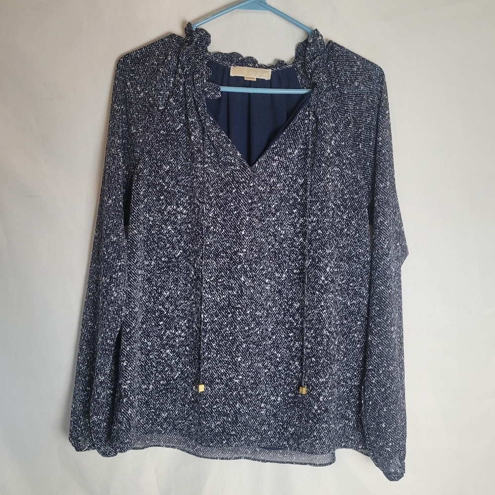 Michael Michael Kors Blue White Tie Neck Long Sleeve Blouse Size Smal Lined
